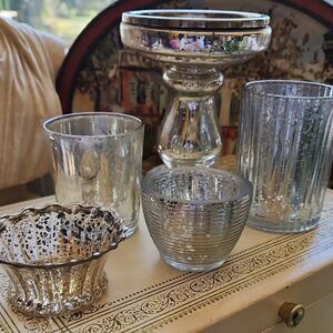 Mercury Glass Party Lot Set Of 5 Different Height & Textured Candleholders #1A
